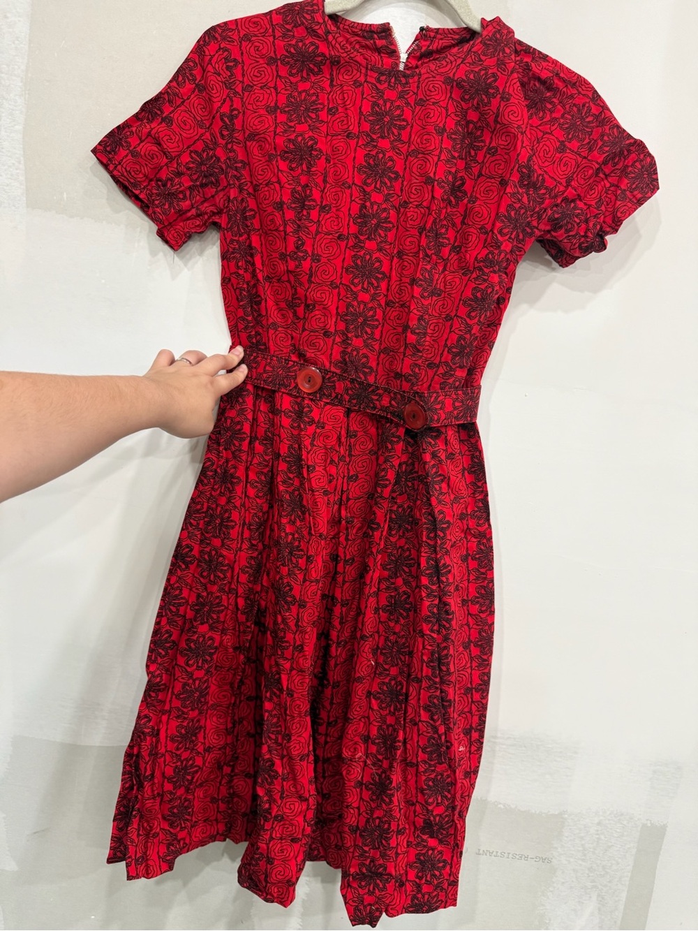 Red Floral Fit-and-Flare Dress with Buttoned Waist